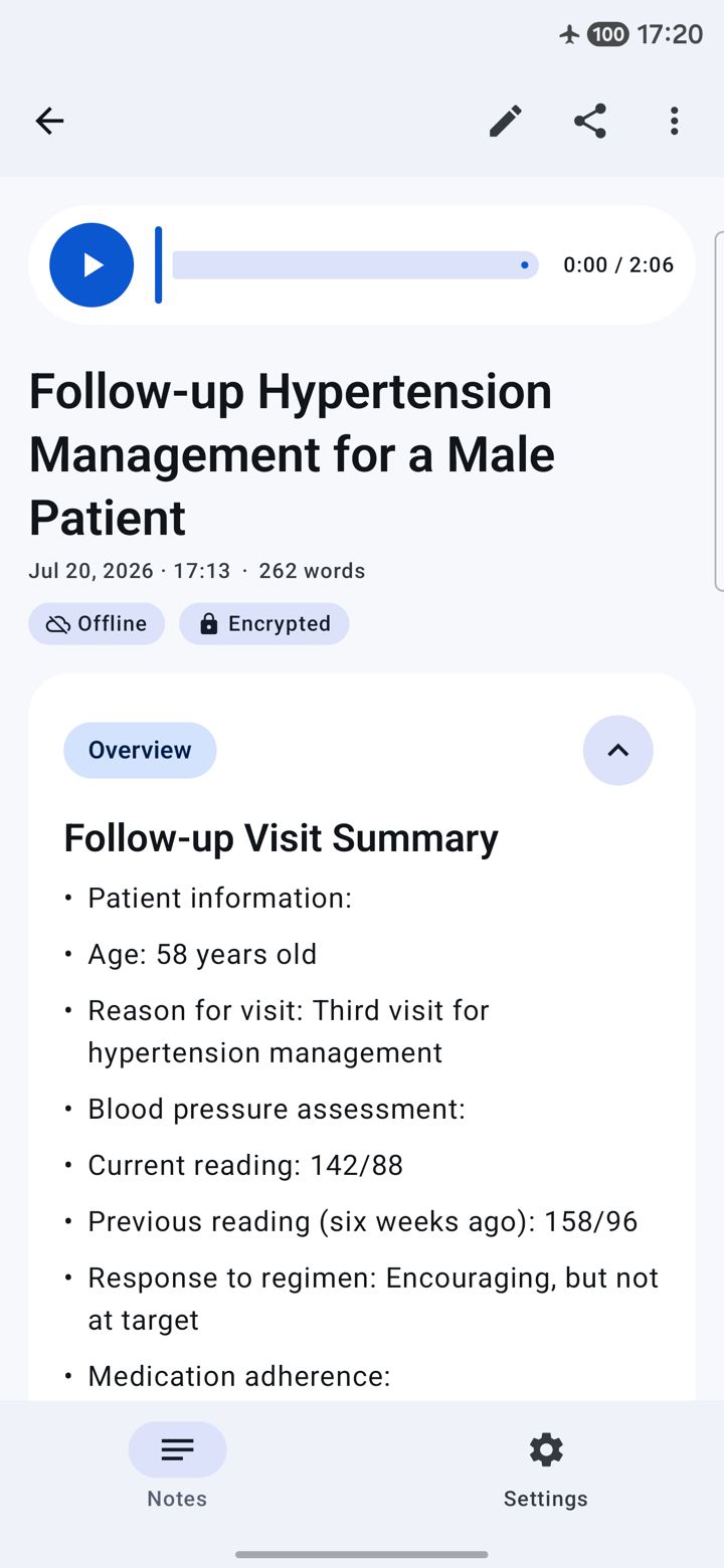 Structured patient note with AI-generated title and offline, encrypted badges — recorded in airplane mode