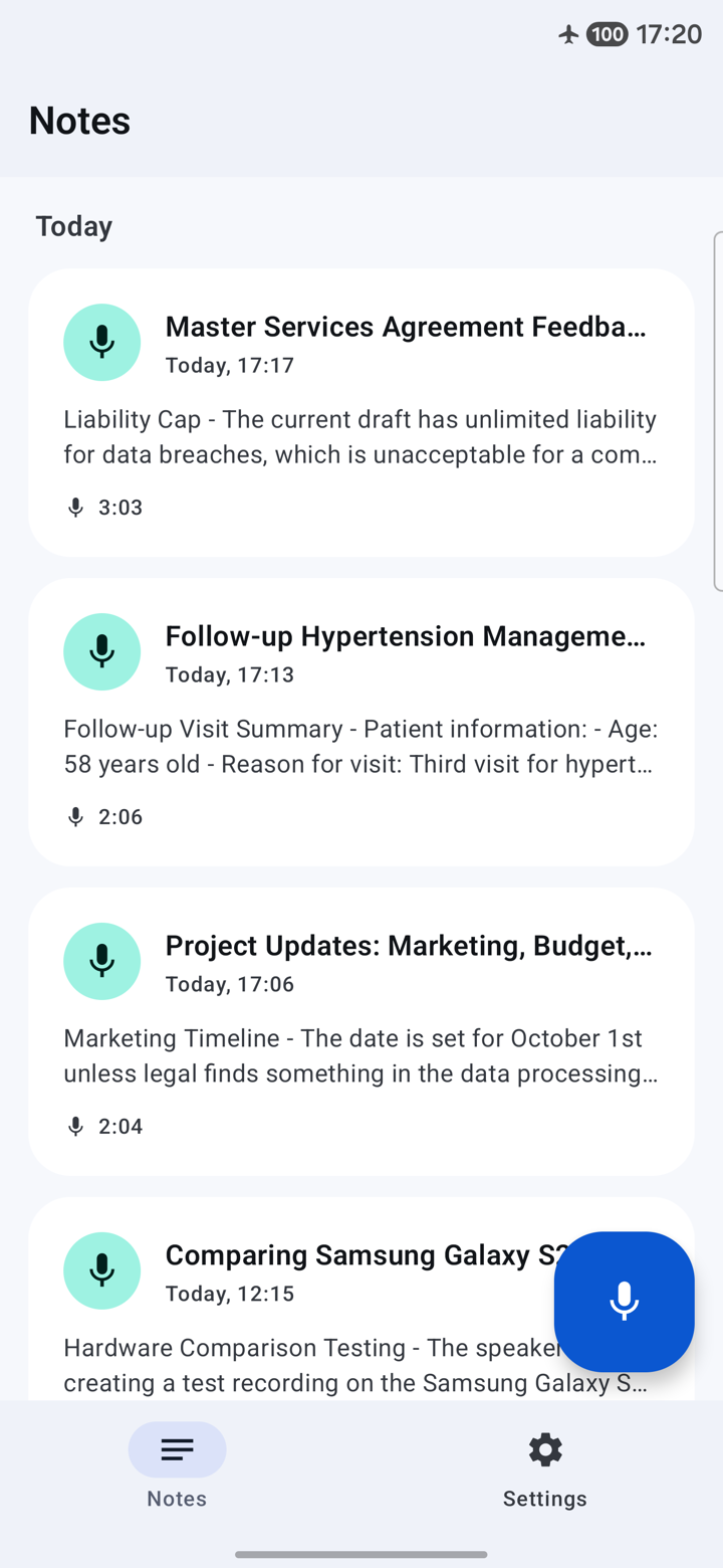 Offhand Android app — voice notes list with AI-generated titles and previews