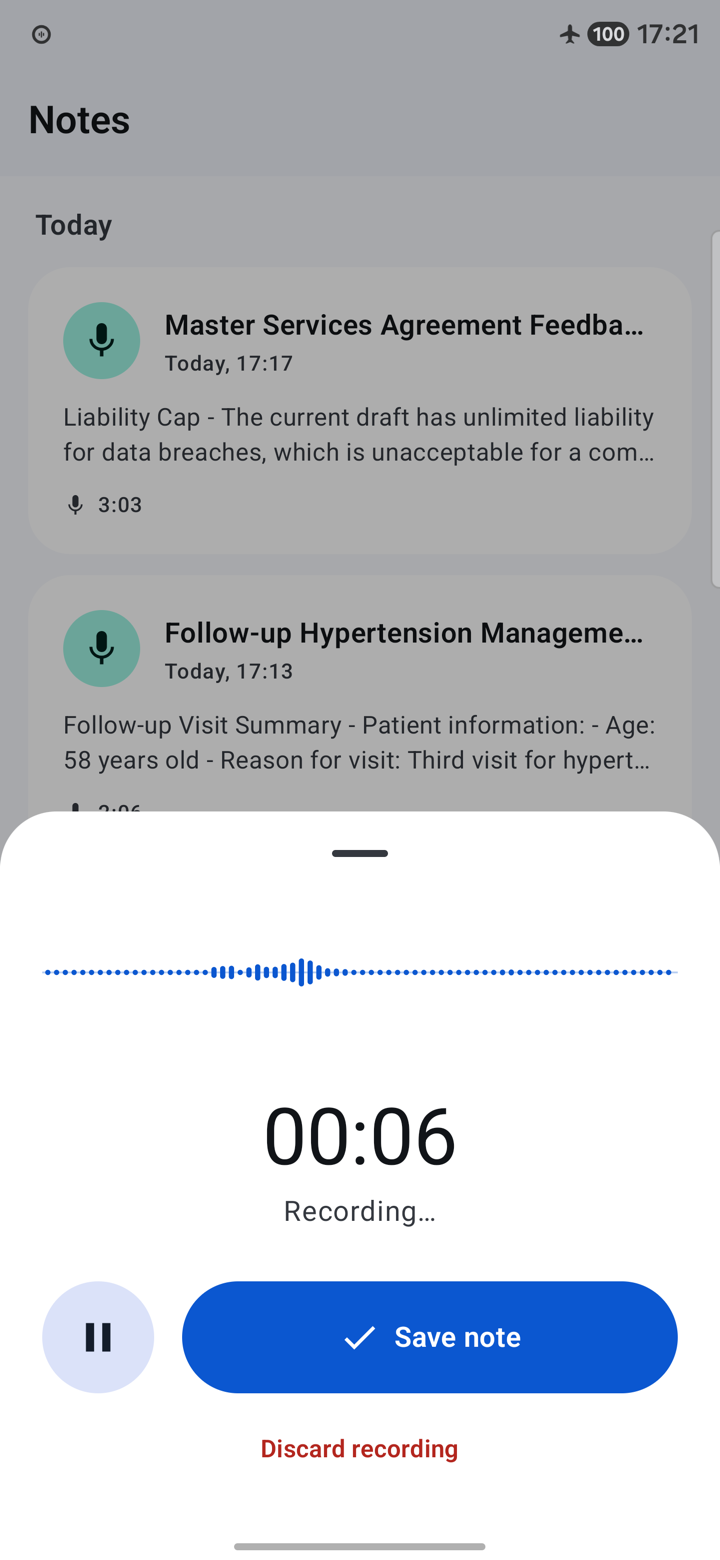 Recording a voice note with live waveform — transcribed on device while you speak
