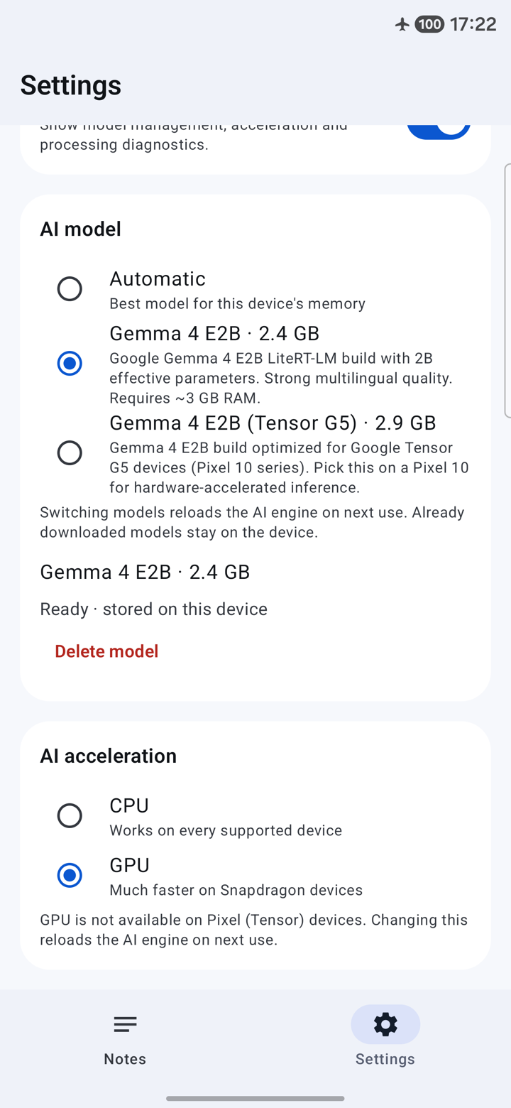 Offhand settings — on-device AI model management and privacy controls